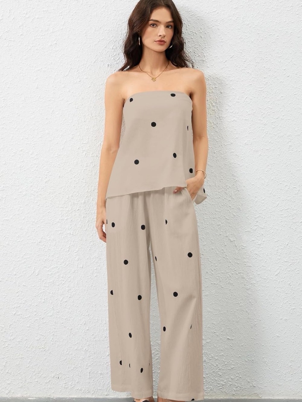 SET Strapless Tunic Tank Top Polka Dot Wide-Leg Pants - Beige